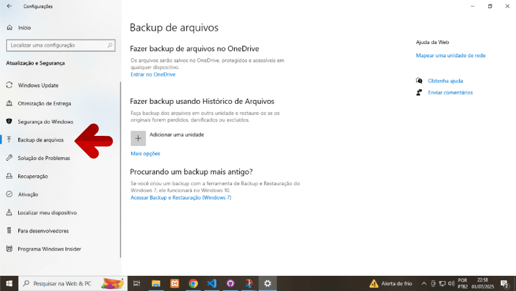 Configuração do backup no Windows 10 - etapa 3