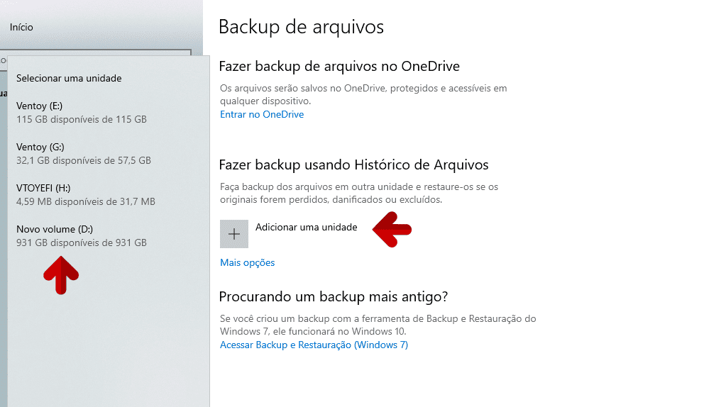 Configuração do backup no Windows 10 - etapa 4