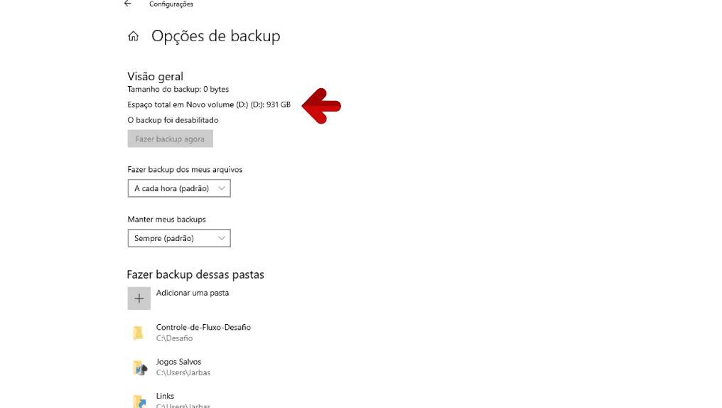 Configuração do backup no Windows 10 - etapa 6