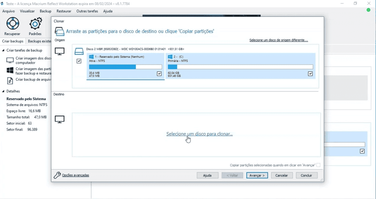 Assistente de clonagem do Macrium