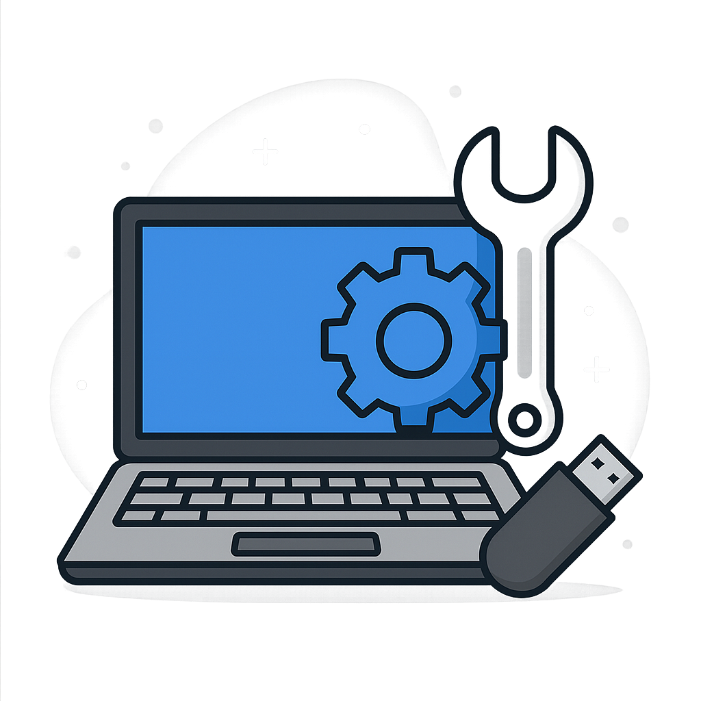 Ilustração de um técnico formatando um computador com backup
